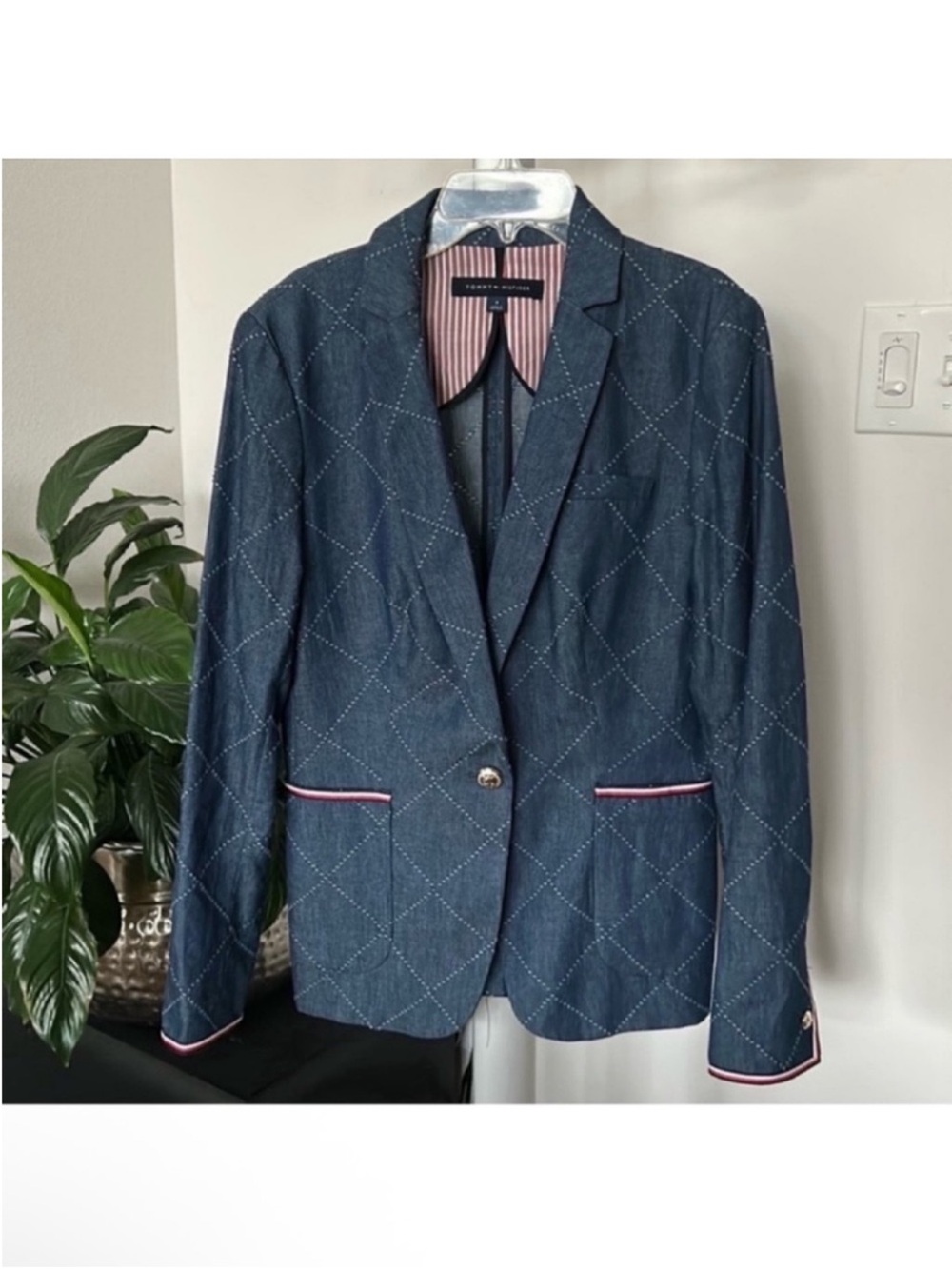 Tommy Hilfiger Denim Jean Blazer Jacket Sz 8/M Blue Diamond Pattern Casual